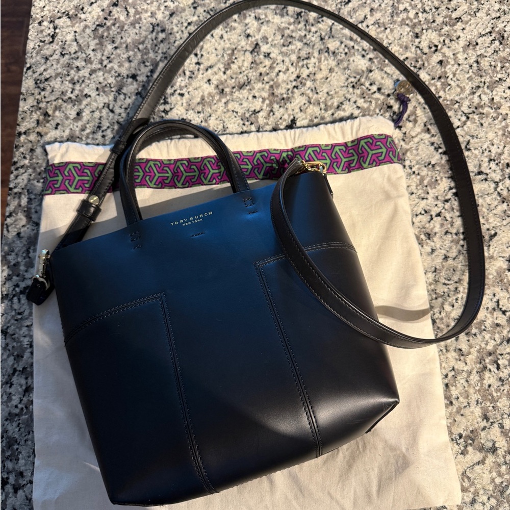 Tory Burch Black Leather Tote with Crossbody Strap
